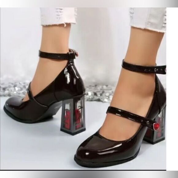Glossy Black Mary Jane Heels with Unique Transparent Heel - Picture 7 of 8